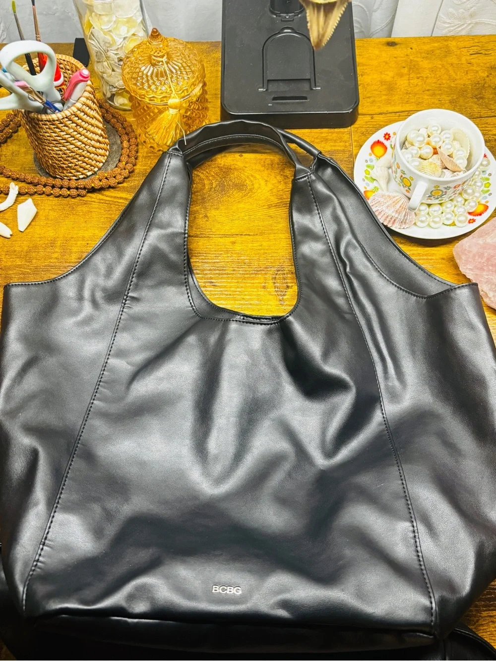 BCBG Black Faux Leather Tote Hobo Bag